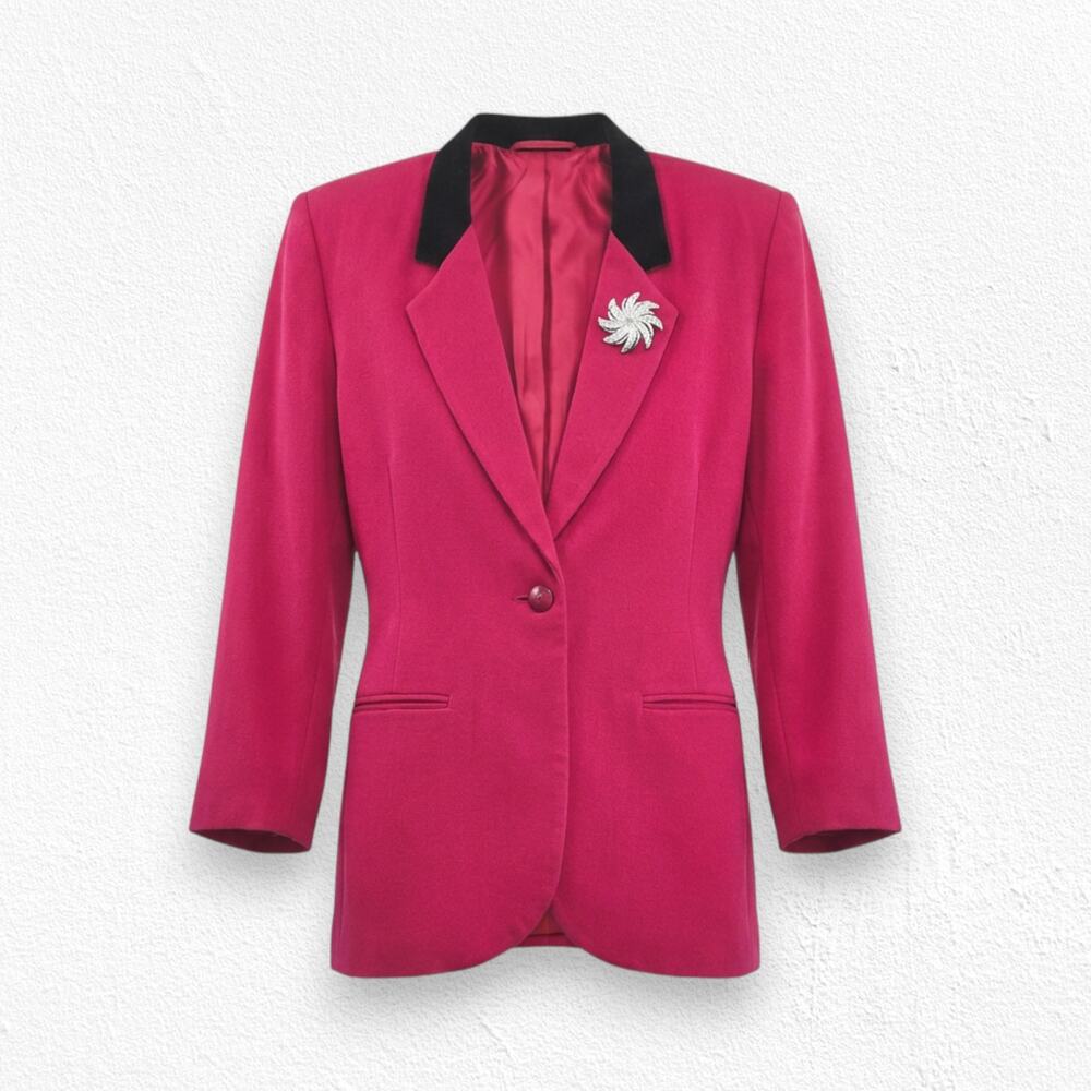 Vintage 80s Red Wool Blazer Velvet Collar Brooch Accent Career Jacket Size 16
